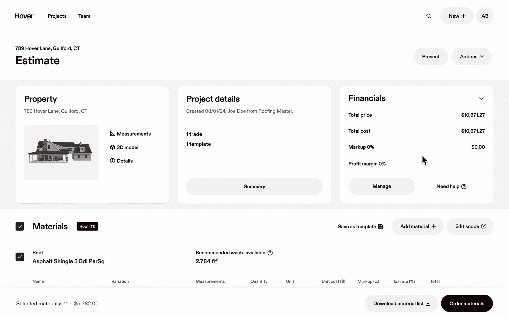 Hover Estimates cost and pricing section video