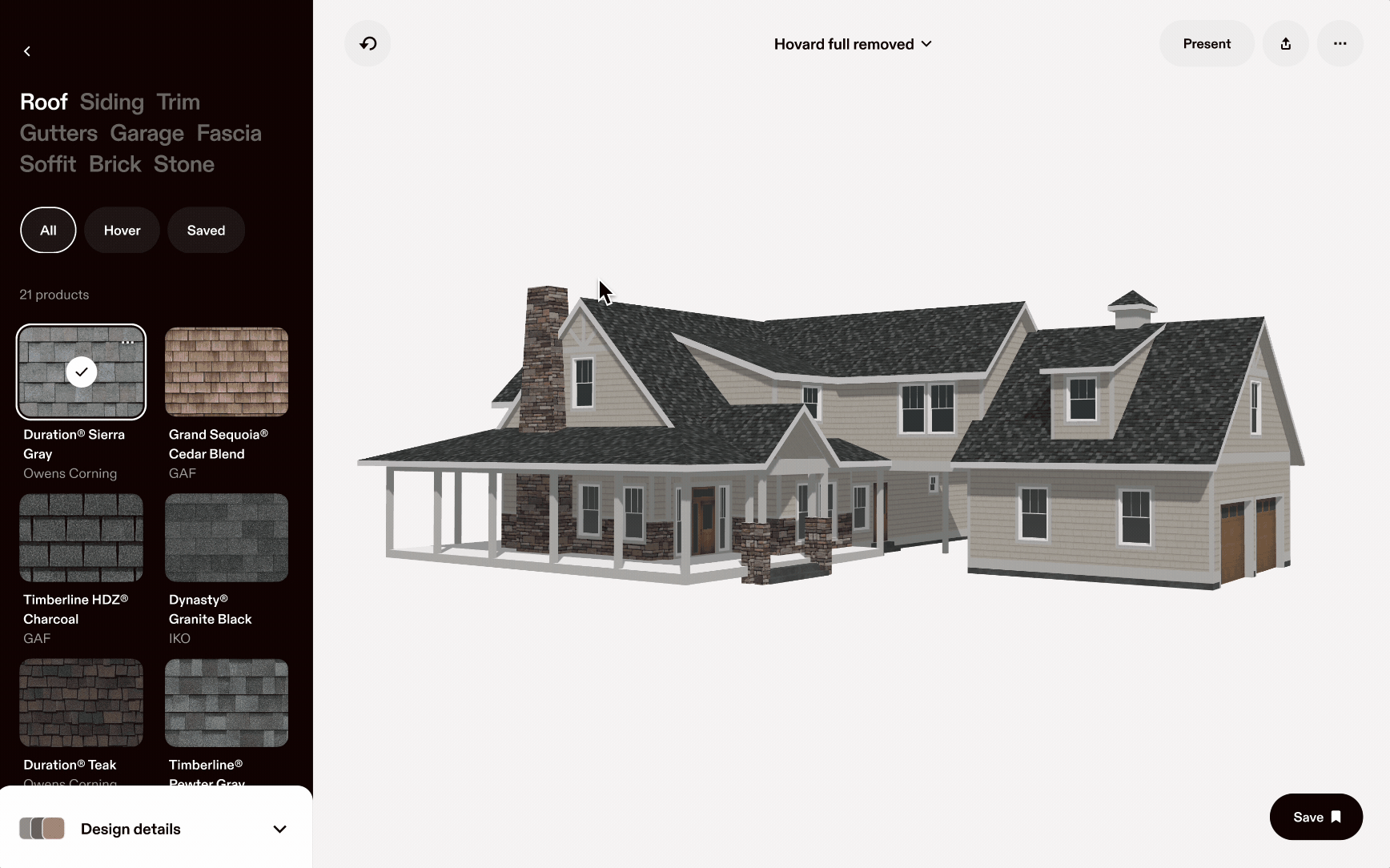 Hover Estimates overview video showing roof material selections on an interactive 3D house model