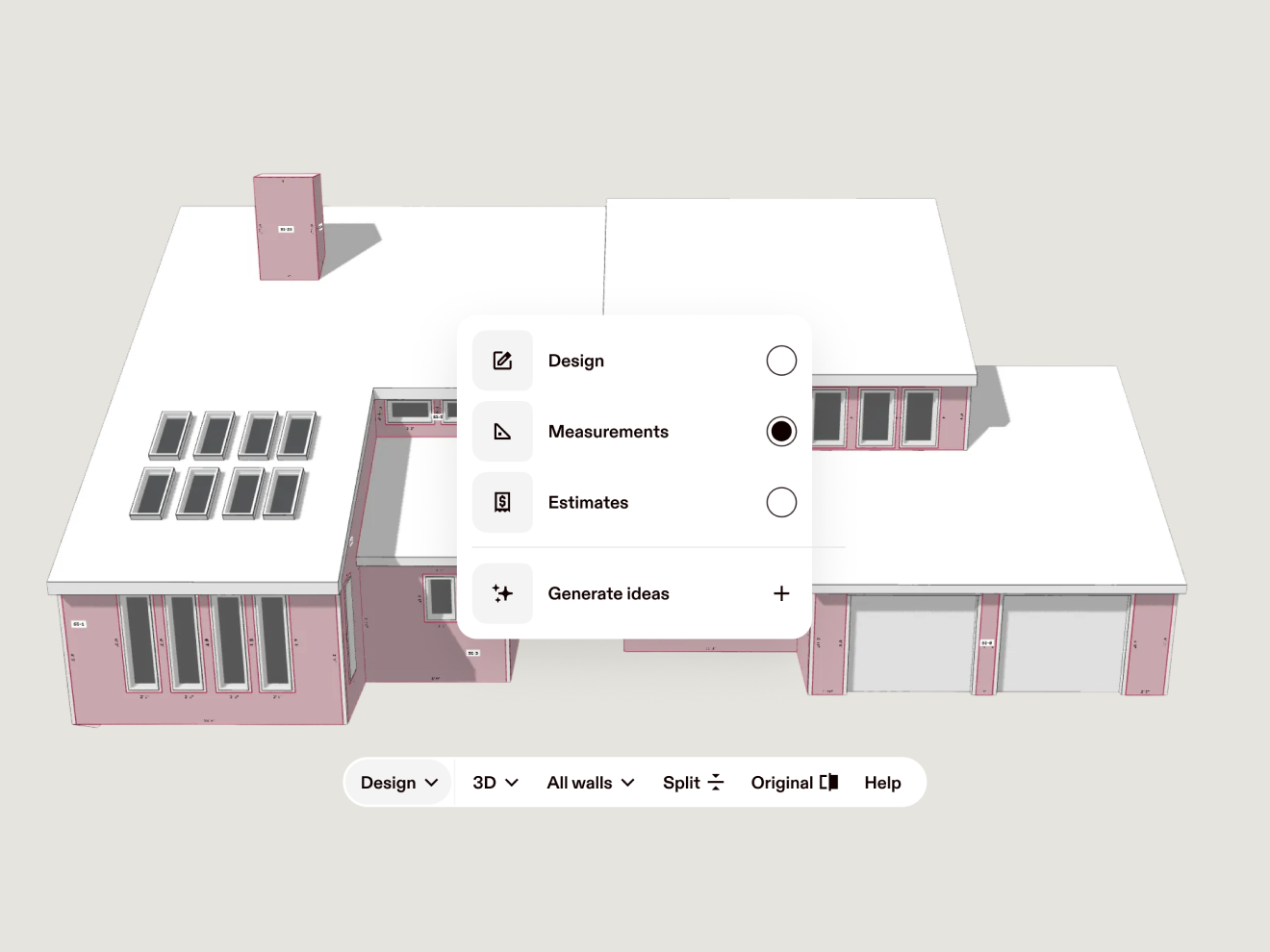 A 3D model of the same home with measurements laid over the top of it, and a menu to the side with the same measurements in a handy list.