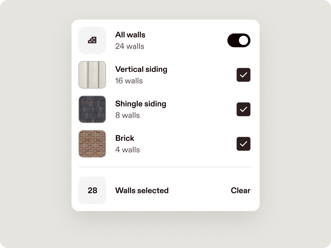 A closeup of the action menu, giving users a way to turn on and off various materials from their design.