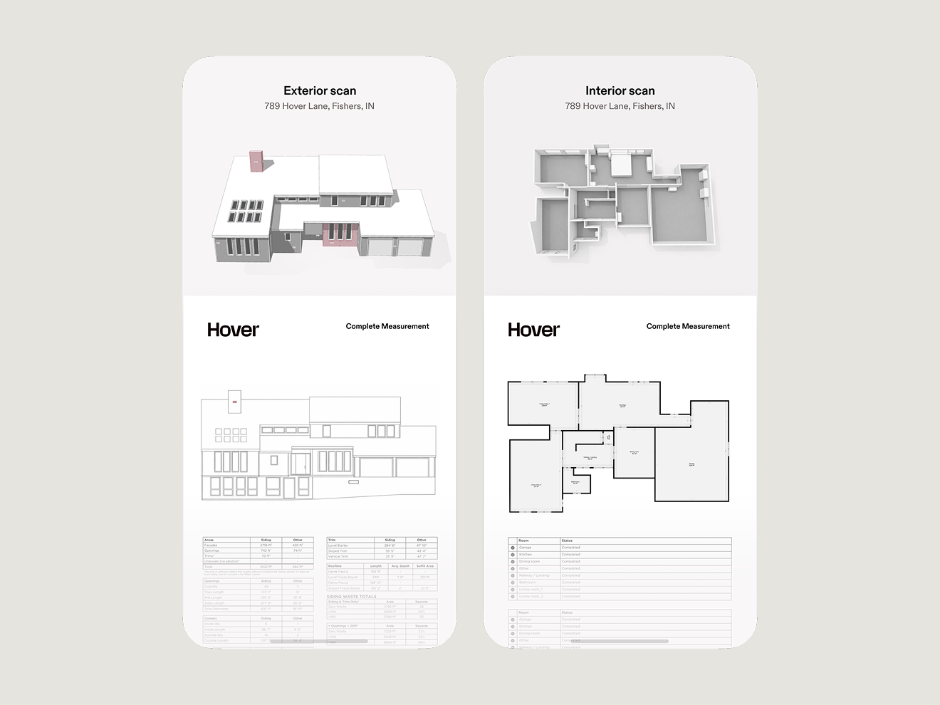 Two screens showing hover exterior and interior measurement reports