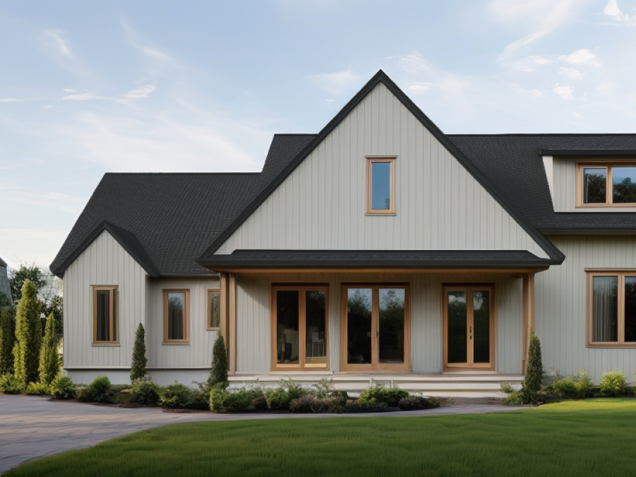 The same house painted a sandy beige color, with a pointed roof and natural wood trim.