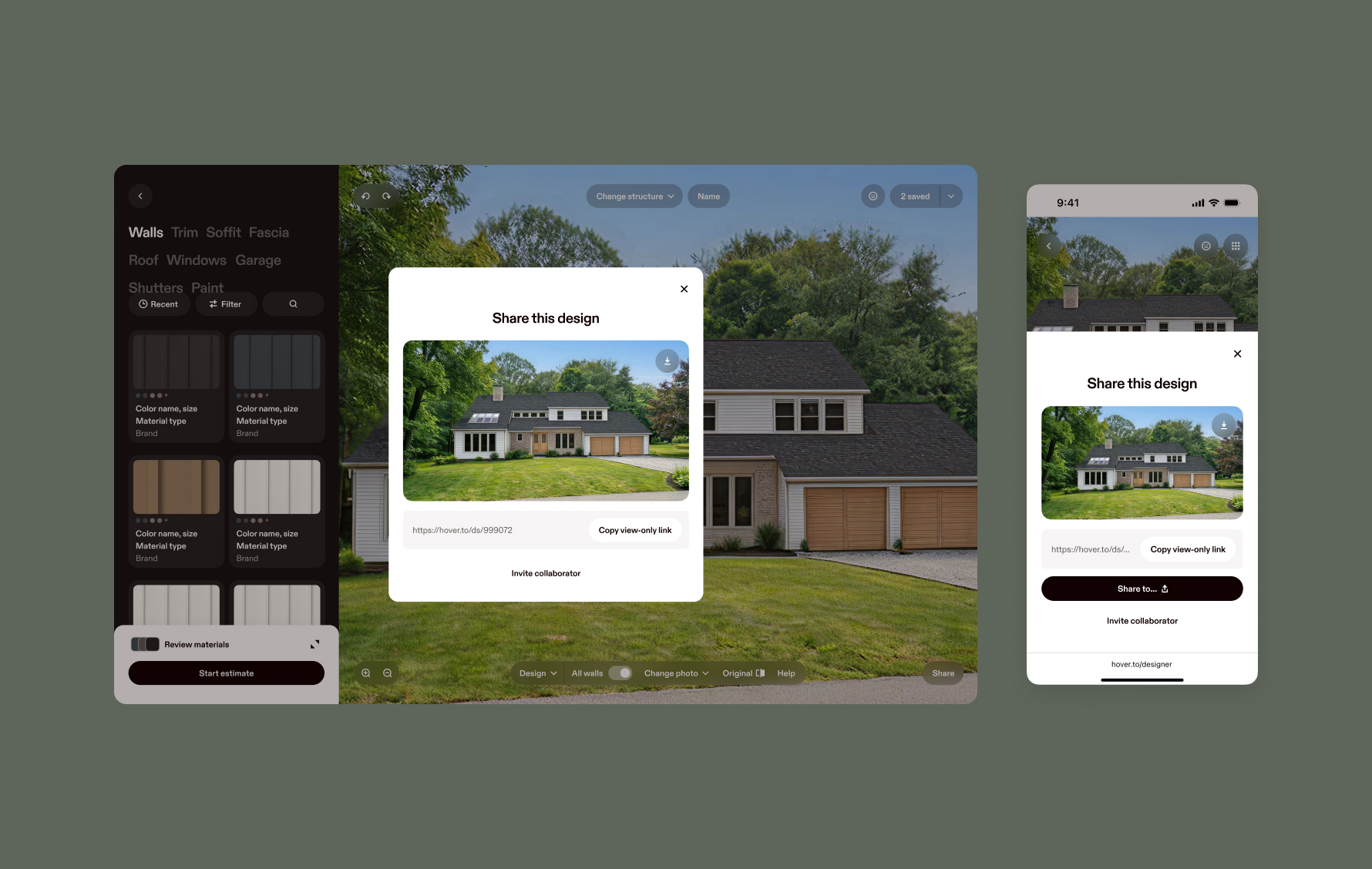 A share window that offers a preview of the design and a way to copy the view-only link or share directly with a collaborator.