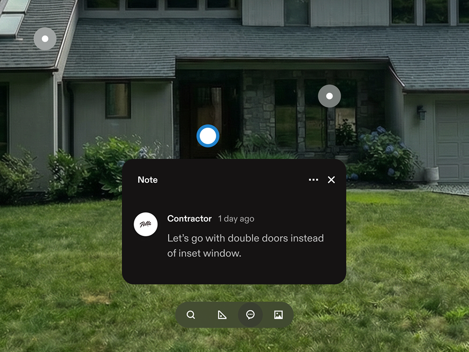 A pop up over a home shows a contractor leaving notes for his team.