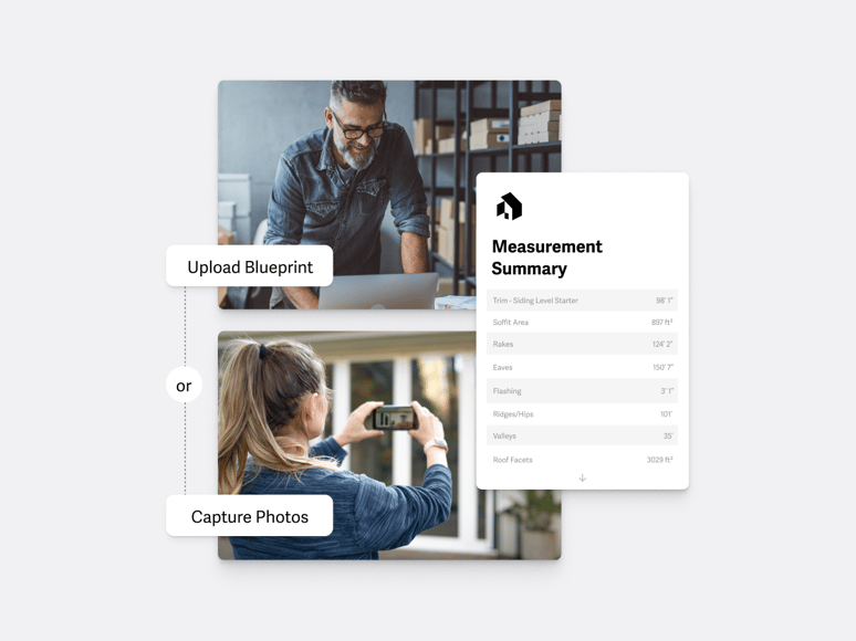 A man with brown hair and a silver beard uploads a blueprint. A woman with a ponytail captures photos. A measurement summary is next to the people.