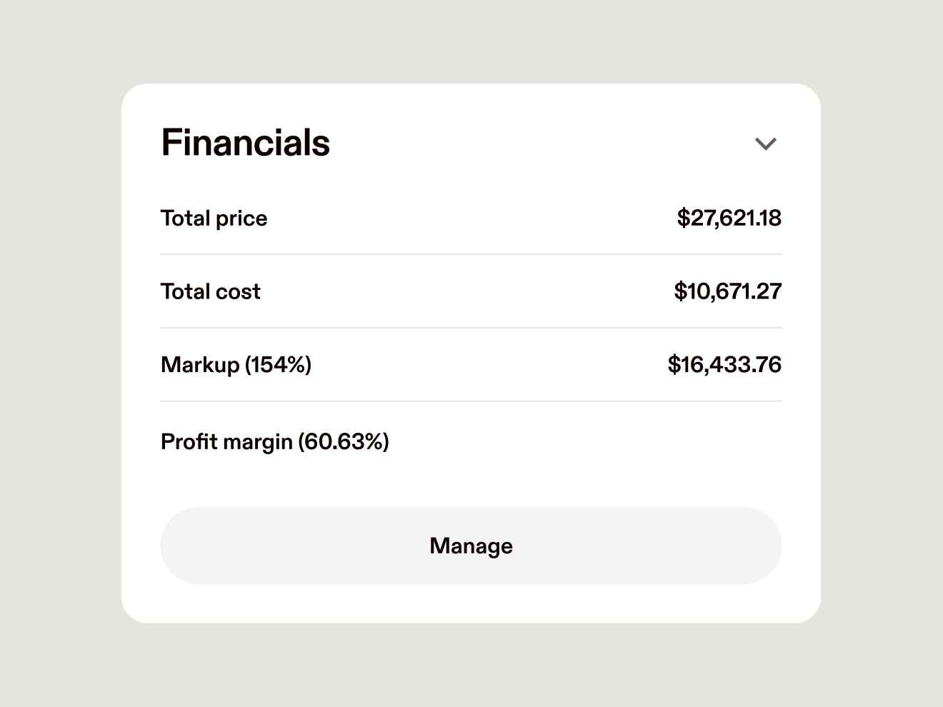 A closeup of a menu showing the financials of an estimate: Total price, Total cost, Markup, and Profit margin.