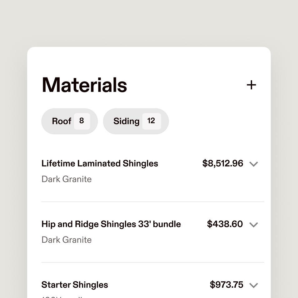 A cropped image of an estimate including total material costs