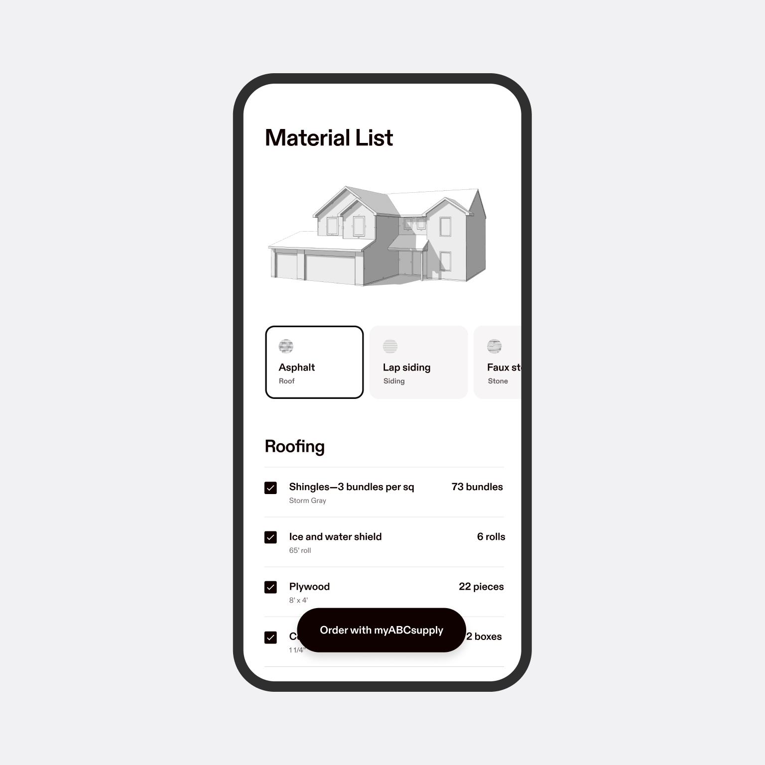 A screenshot of Hover's Material List UI feature, depicting a list of roofing materials that can be ordered through myABCsupply.