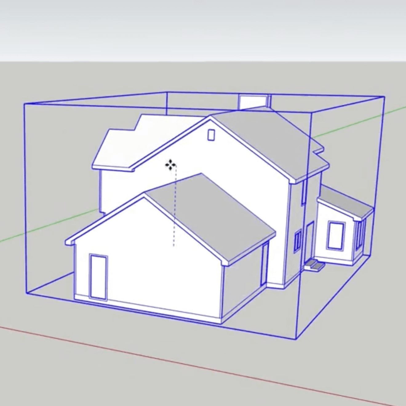 A wireframe 3D model of a two-story house.