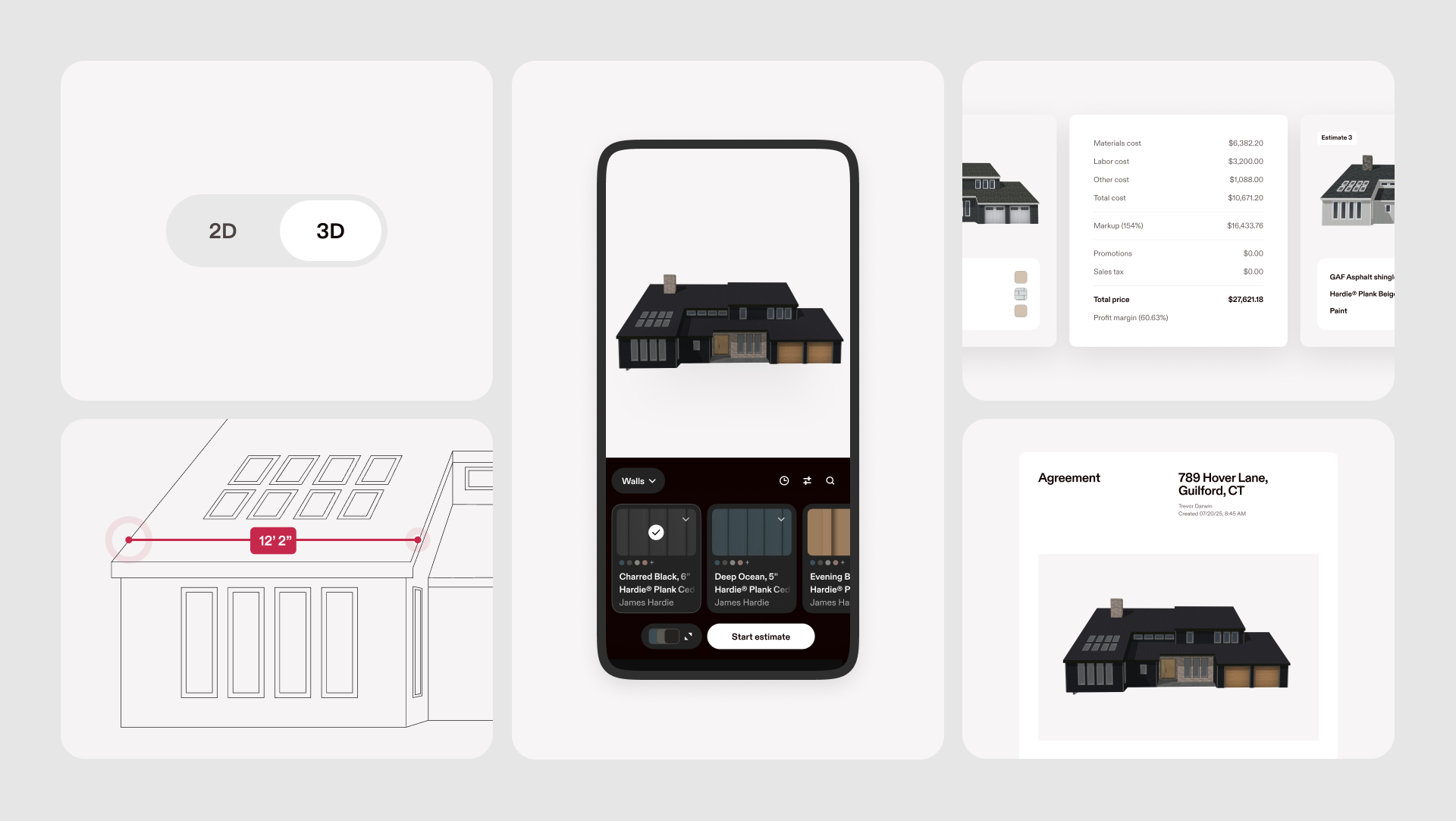 Hover app flow: 3D home scan, siding material options, cost breakdown, and a signed agreement for a one-call close.
